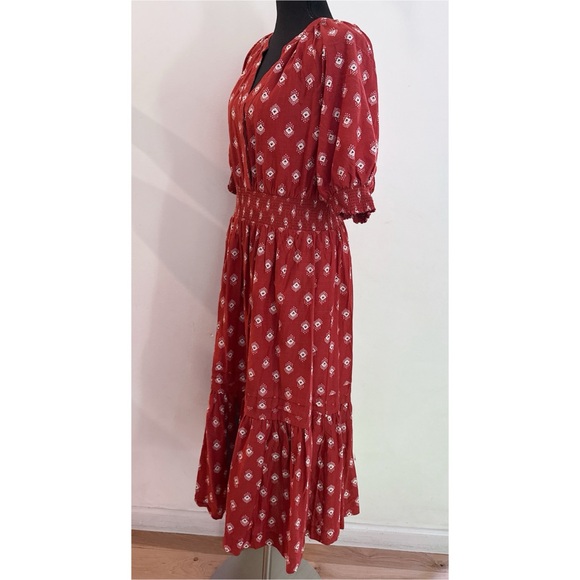 EUC by ANTHROPOLOGIE Felipa Crimson Ikat Cottagecore Boho Flounce Midi Dress M - Picture 5 of 13